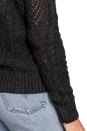Krótki sweter damski ażurowy z dekoltem V grafitowy K106