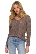 Krótki sweter damski ażurowy z dekoltem V mocca K106