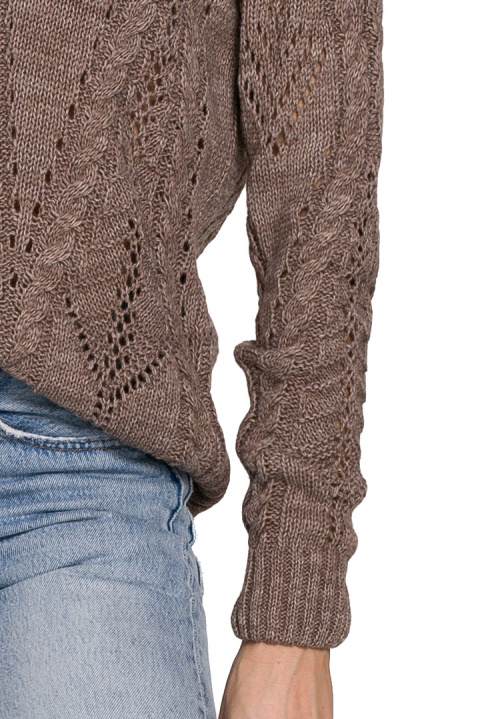Krótki sweter damski ażurowy z dekoltem V mocca K106 Krótki sweter damski ażurowy z dekoltem V mocca K106