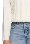 Krótki sweter damski na zakładkę dekolt V splot warkocz ecru K105