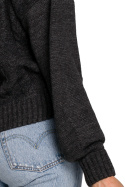 Krótki sweter damski na zakładkę dekolt V splot warkocz grafitowy K105