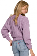 Krótki sweter damski na zakładkę dekolt V splot warkocz liliowy K105