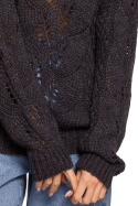 Krótki sweter damski ażurowy z długim luźnym rękawem grafitowy me600