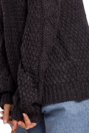 Krótki sweter damski ażurowy z długim luźnym rękawem grafitowy me600
