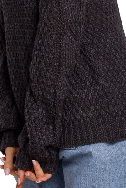 Krótki sweter damski ażurowy z długim luźnym rękawem grafitowy me600 Krótki sweter damski ażurowy z długim luźnym rękawem grafitowy me600