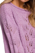 Krótki sweter damski ażurowy z długim luźnym rękawem liliowy me600