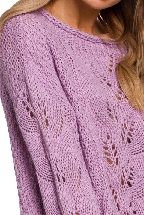 Krótki sweter damski ażurowy z długim luźnym rękawem liliowy me600 Krótki sweter damski ażurowy z długim luźnym rękawem liliowy me600