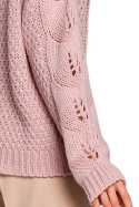 Krótki sweter damski ażurowy z długim luźnym rękawem pudrowy me600