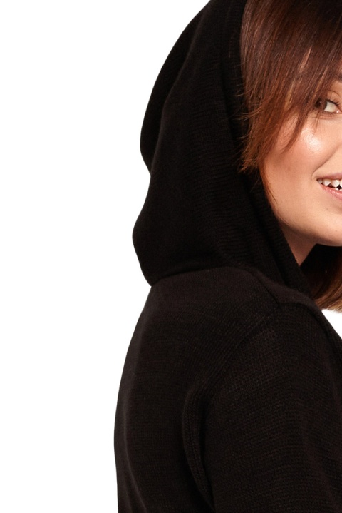 Sweter damski z kapturem i kieszenią kangurek dekolt V czarny BK064 Sweter damski z kapturem i kieszenią kangurek dekolt V czarny BK064