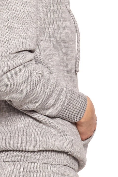 Sweter damski z kapturem i kieszenią kangurek dekolt V szary BK064 Sweter damski z kapturem i kieszenią kangurek dekolt V szary BK064