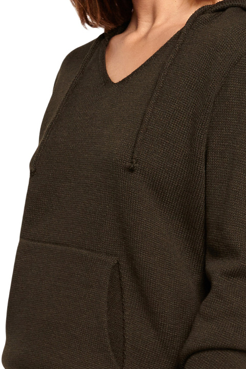 Sweter damski z kapturem i kieszenią kangurek dekolt V khaki BK064 Sweter damski z kapturem i kieszenią kangurek dekolt V khaki BK064