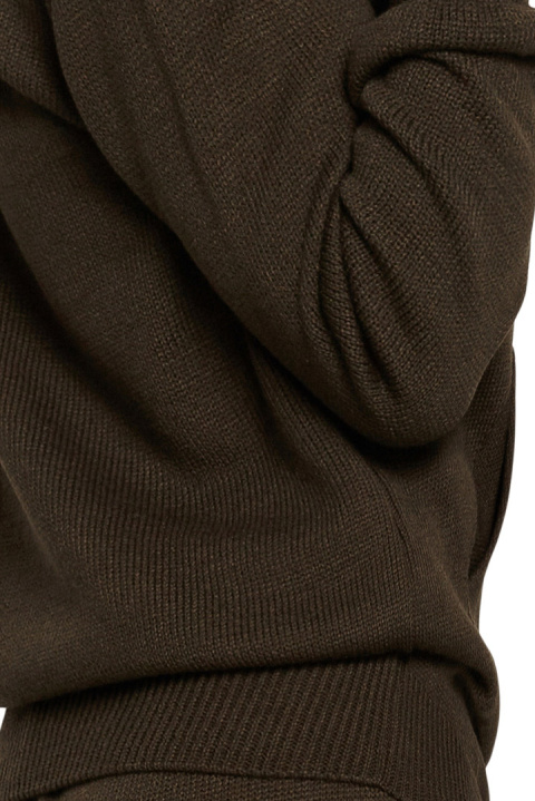 Sweter damski z kapturem i kieszenią kangurek dekolt V khaki BK064 Sweter damski z kapturem i kieszenią kangurek dekolt V khaki BK064