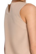 Elegancka bluzka damska krótka trapezowa bez rękawów beżowa S257