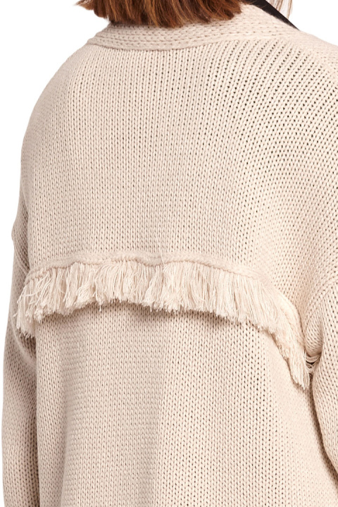 Długi kardigan damski boho z frędzlami bez zapięcia beżowy BK068 Długi kardigan damski boho z frędzlami bez zapięcia beżowy BK068