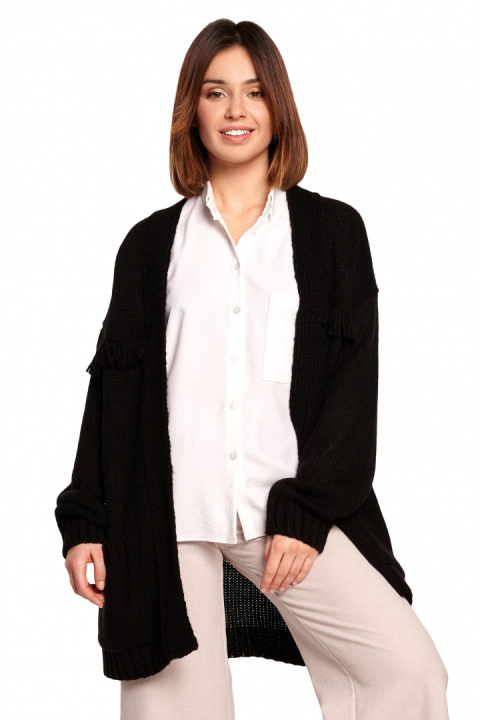 Długi kardigan damski boho z frędzlami bez zapięcia czarny BK068 Długi kardigan damski boho z frędzlami bez zapięcia czarny BK068