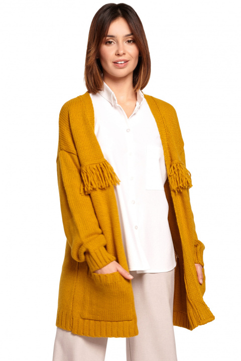 Długi kardigan damski boho z frędzlami bez zapięcia miodowy BK068 Długi kardigan damski boho z frędzlami bez zapięcia miodowy BK068