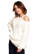 Długi sweter damski luźny z wycięciami na ramionach ecru BK069
