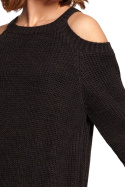 Długi sweter damski luźny z wycięciami na ramionach grafitowy BK069