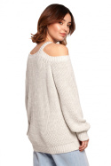 Długi sweter damski luźny z wycięciami na ramionach popielaty BK069