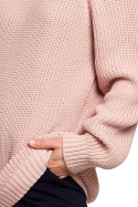 Długi sweter damski luźny z wycięciami na ramionach różowy BK069