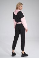 Krótka bluza damska z kapturem lampasem i gumą czarny/różowy M757