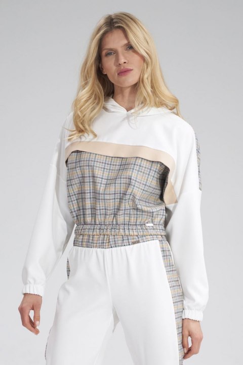 Krótka bluza damska z kapturem lampasem i gumą ecru W121 M757 Krótka bluza damska z kapturem lampasem i gumą ecru W121 M757