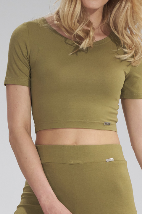 Bluzka damska krótki top crop z wiskozy krótki rękaw jasna oliwka M748 Bluzka damska krótki top crop z wiskozy krótki rękaw jasna oliwka M748