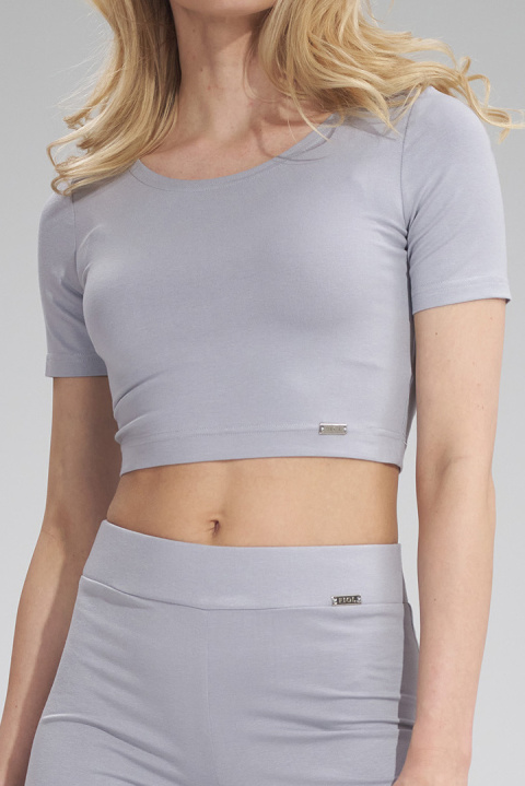 Bluzka damska krótki top crop z wiskozy krótki rękaw jasny szary M748 Bluzka damska krótki top crop z wiskozy krótki rękaw jasny szary M748