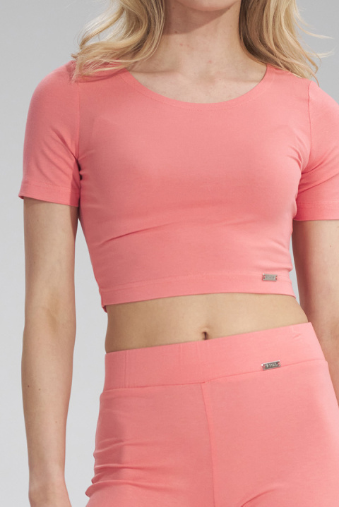 Bluzka damska krótki top crop z wiskozy krótki rękaw koralowa M748 Bluzka damska krótki top crop z wiskozy krótki rękaw koralowa M748