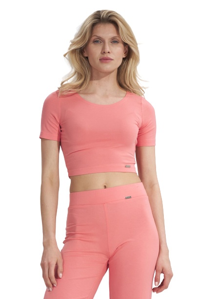 Bluzka damska krótki top crop z wiskozy krótki rękaw koralowa M748 Bluzka damska krótki top crop z wiskozy krótki rękaw koralowa M748