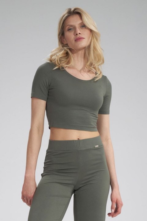 Bluzka damska krótki top crop z wiskozy krótki rękaw oliwkowa M748 Bluzka damska krótki top crop z wiskozy krótki rękaw oliwkowa M748