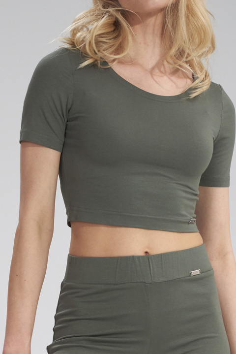 Bluzka damska krótki top crop z wiskozy krótki rękaw oliwkowa M748 Bluzka damska krótki top crop z wiskozy krótki rękaw oliwkowa M748
