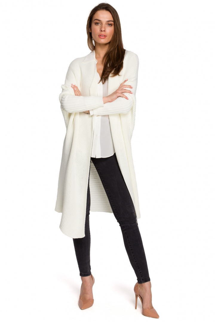 Długi kardigan damski oversize bez zapięcia splot prążek ecru S269 Długi kardigan damski oversize bez zapięcia splot prążek ecru S269