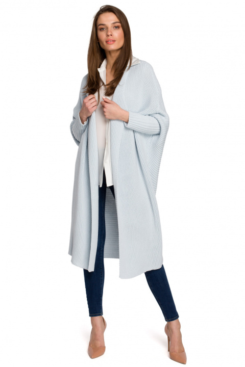 Długi kardigan damski oversize bez zapięcia splot prążek błękitny S269 Długi kardigan damski oversize bez zapięcia splot prążek błękitny S269