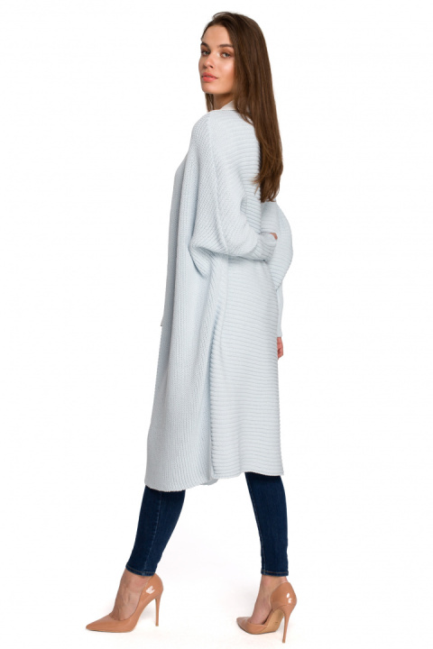 Długi kardigan damski oversize bez zapięcia splot prążek błękitny S269 Długi kardigan damski oversize bez zapięcia splot prążek błękitny S269