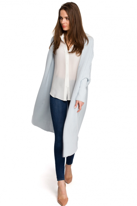 Długi kardigan damski oversize bez zapięcia splot prążek błękitny S269 Długi kardigan damski oversize bez zapięcia splot prążek błękitny S269