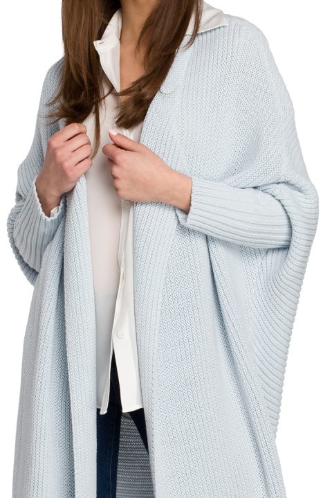 Długi kardigan damski oversize bez zapięcia splot prążek błękitny S269 Długi kardigan damski oversize bez zapięcia splot prążek błękitny S269