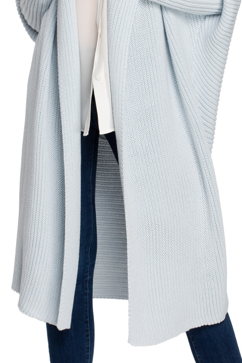 Długi kardigan damski oversize bez zapięcia splot prążek błękitny S269 Długi kardigan damski oversize bez zapięcia splot prążek błękitny S269