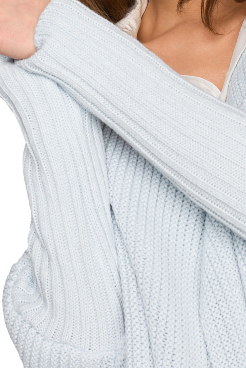 Długi kardigan damski oversize bez zapięcia splot prążek błękitny S269 Długi kardigan damski oversize bez zapięcia splot prążek błękitny S269