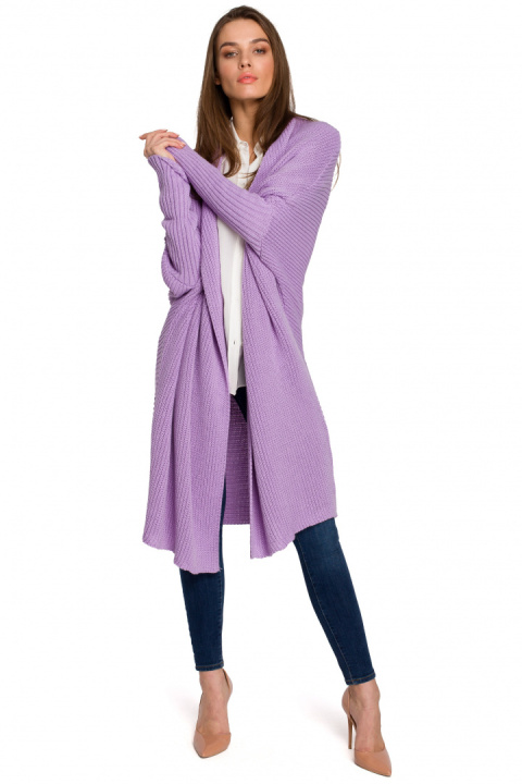 Długi kardigan damski oversize bez zapięcia splot prążek lawendowy S269 Długi kardigan damski oversize bez zapięcia splot prążek lawendowy S269