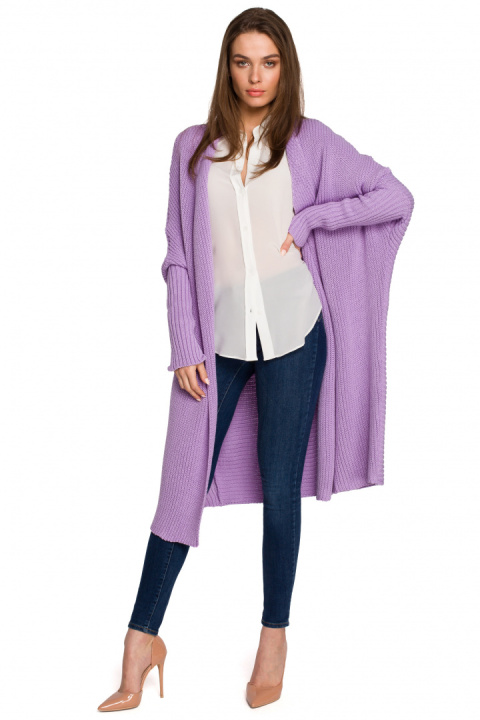 Długi kardigan damski oversize bez zapięcia splot prążek lawendowy S269 Długi kardigan damski oversize bez zapięcia splot prążek lawendowy S269