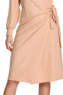 Sukienka kopertowa midi wiązana na boku z długim rękawem beżowa S267