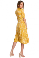 Sukienka midi w grochy z wiskozy z falbaną i stójką żółta S263