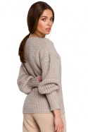 Sweter damski oversize zszerokim rękawem i dekoltem V beżowy S268