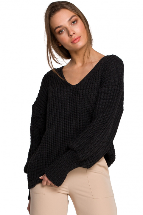 Sweter damski oversize zszerokim rękawem i dekoltem V grafitowy S268 Sweter damski oversize zszerokim rękawem i dekoltem V grafitowy S268