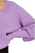 Sweter damski oversize zszerokim rękawem i dekoltem V lawendowy S268