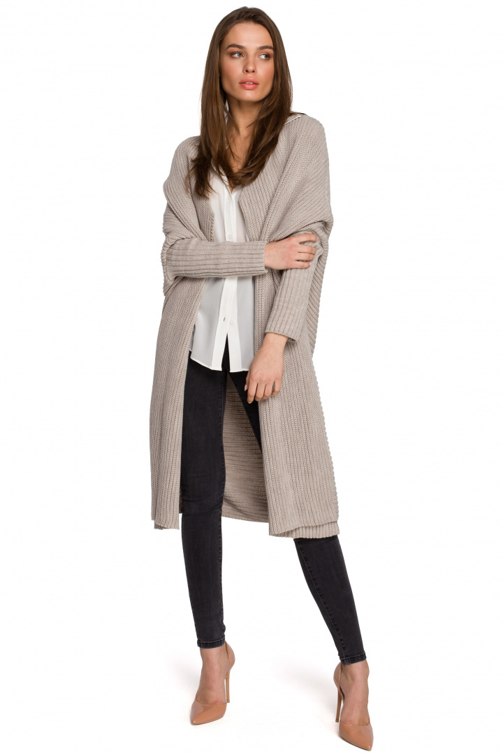 Długi kardigan damski oversize bez zapięcia splot prążek beżowy S269 Długi kardigan damski oversize bez zapięcia splot prążek beżowy S269