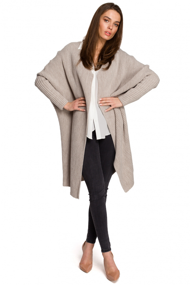 Długi kardigan damski oversize bez zapięcia splot prążek beżowy S269 Długi kardigan damski oversize bez zapięcia splot prążek beżowy S269