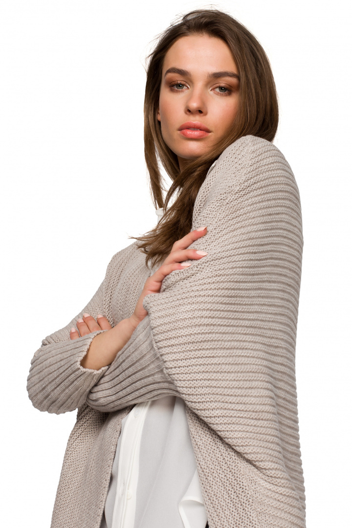 Długi kardigan damski oversize bez zapięcia splot prążek beżowy S269 Długi kardigan damski oversize bez zapięcia splot prążek beżowy S269