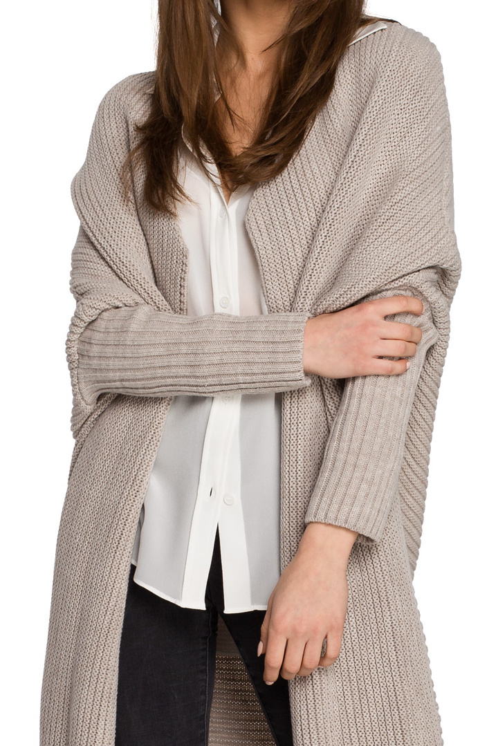 Długi kardigan damski oversize bez zapięcia splot prążek beżowy S269 Długi kardigan damski oversize bez zapięcia splot prążek beżowy S269